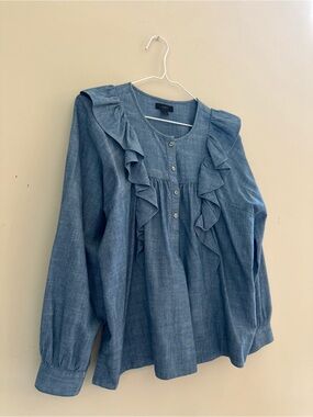 J. Crew Chambray Ruffle Button-Front Top - Blue Size S Like New